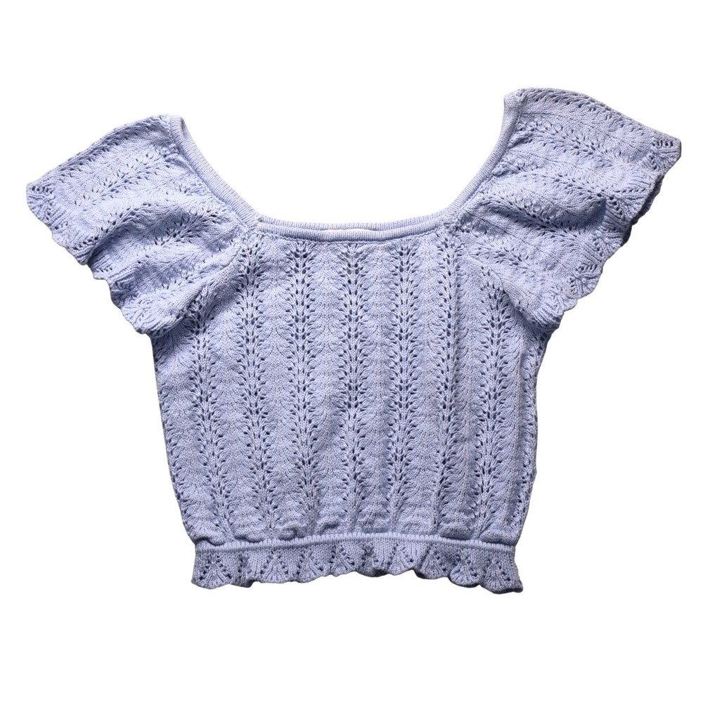Freshman 1996 Blue Pointelle Knit Flutter Sleeve Square Neck Crop Top Small
